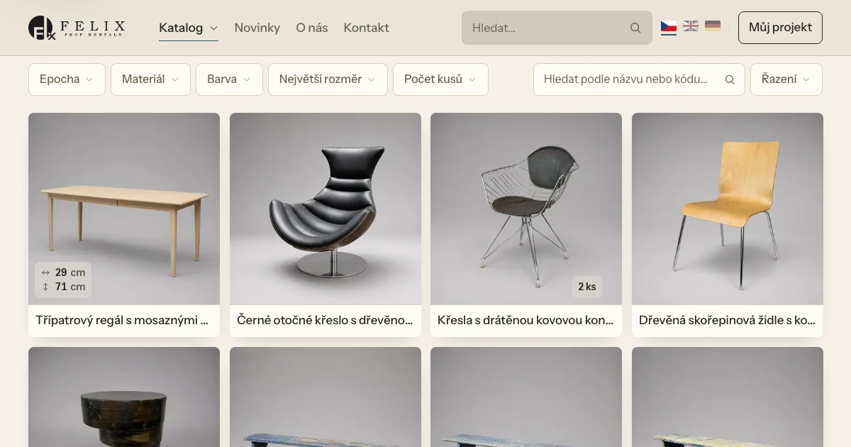 Nábytkový katalog Felix Prop Rentals s kategoriemi, filtry a produktovými kartami