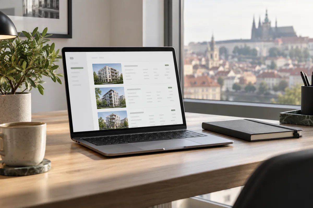 AI ilustrace pracovního stolu s přehledem realitních nabídek na notebooku